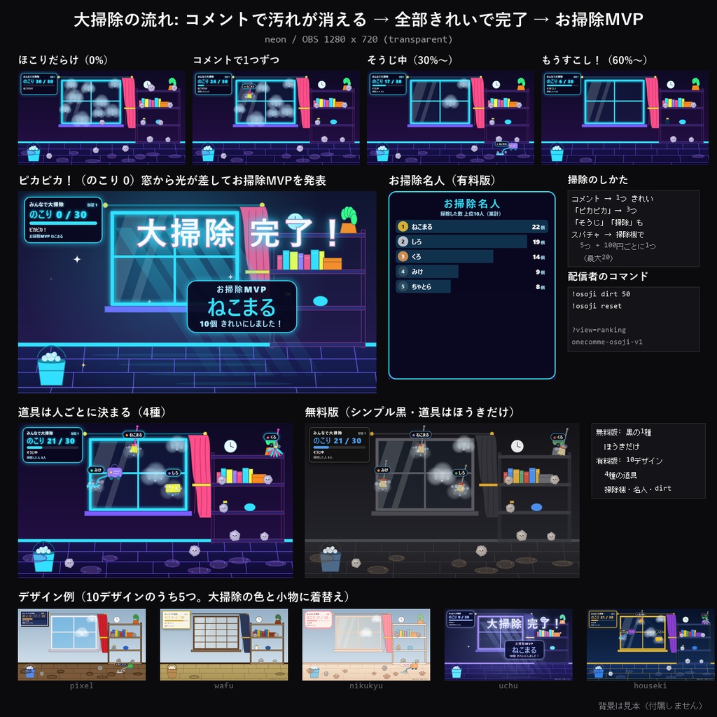 【年末 わんコメテンプレート】みんなで大掃除 10デザイン|コメントで汚れがピカピカに・「ピカピカ」で3つまとめて・お掃除名人ランキング【OBS/年末の配信】