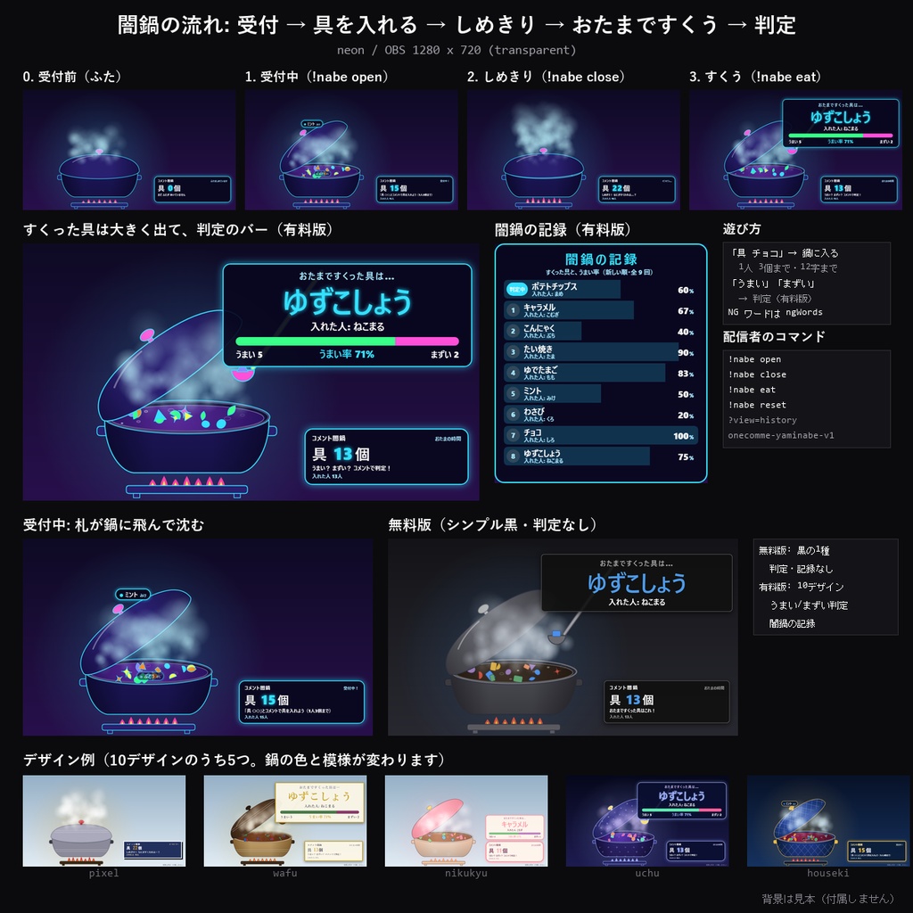 【わんコメテンプレート】コメント闇鍋 10デザイン|「具 ○○」で鍋に具を入れる・おたまでランダムにすくう・うまい/まずい判定【OBS/雑談・冬の配信】