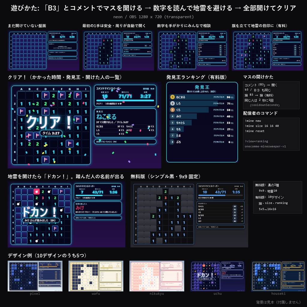 【わんコメテンプレート】コメントマインスイーパー 10デザイン|「B3」とコメントしてマスを開ける・旗・みんなで協力して地雷を避ける・発見王ランキング【OBS/視聴者参加】