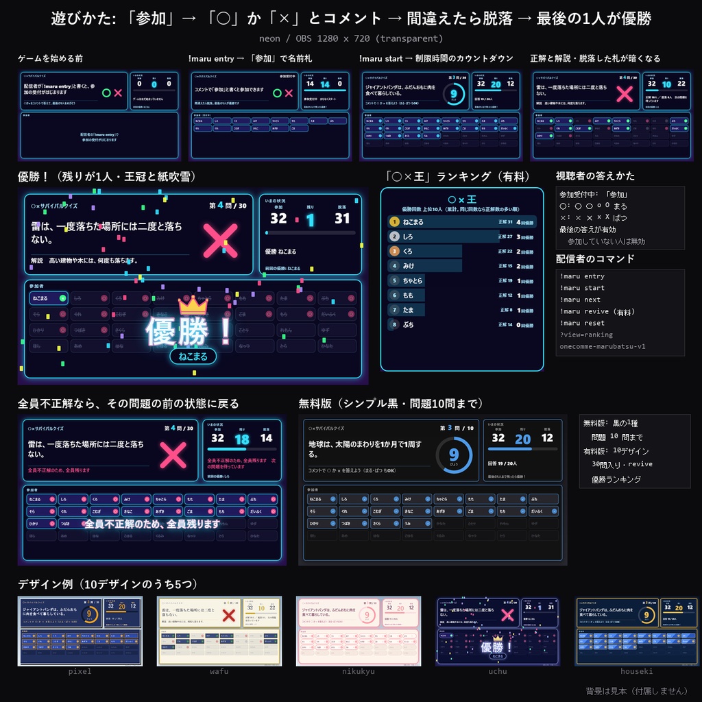 【わんコメテンプレート】○×サバイバルクイズ 10デザイン|コメントで○か×・間違えたら脱落・最後の1人が優勝・敗者復活【OBS/視聴者参加】
