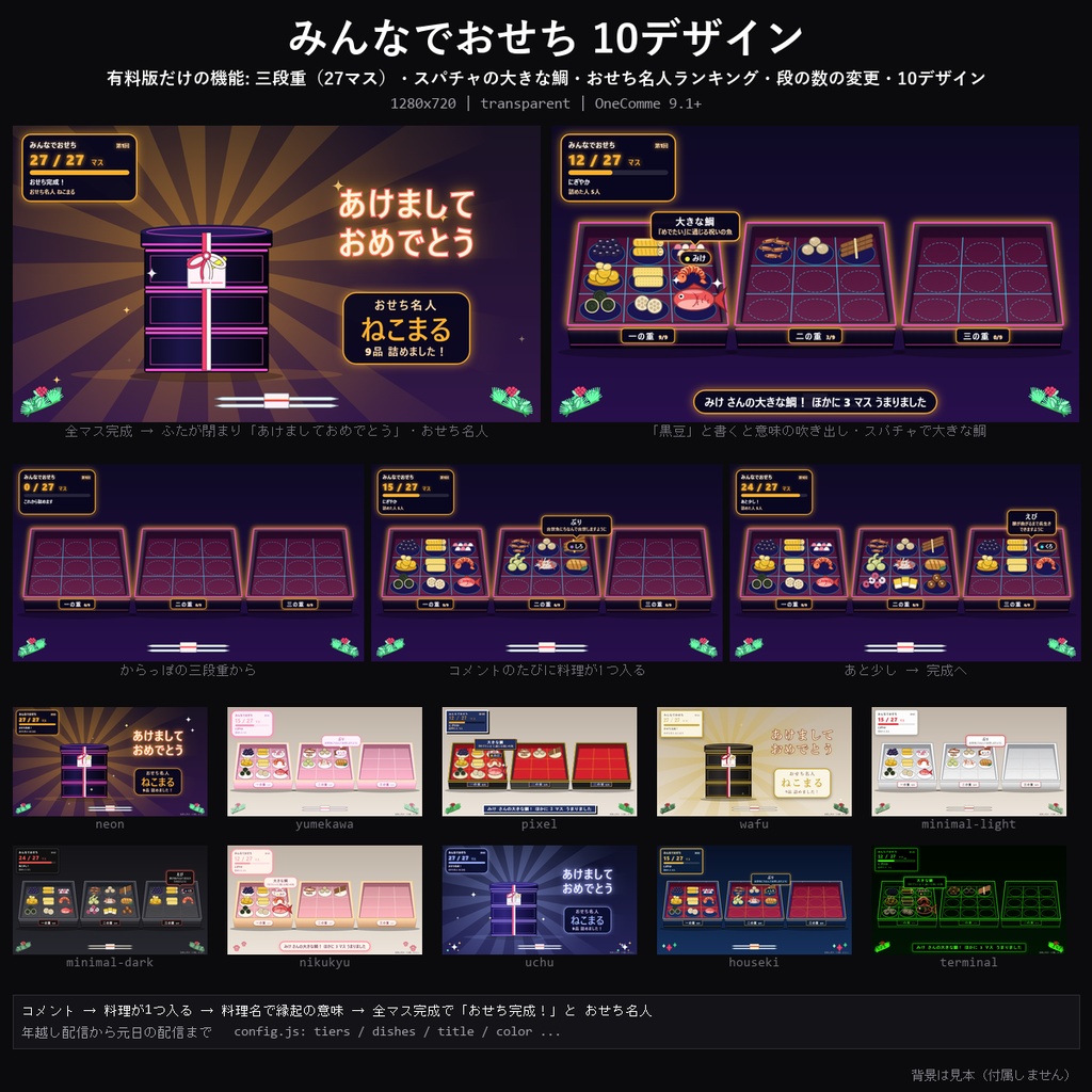 【お正月 わんコメテンプレート】みんなでおせち 10デザイン｜コメントで重箱に料理が詰まる・料理名で縁起の意味・完成であけおめ【OBS/年末年始の配信】