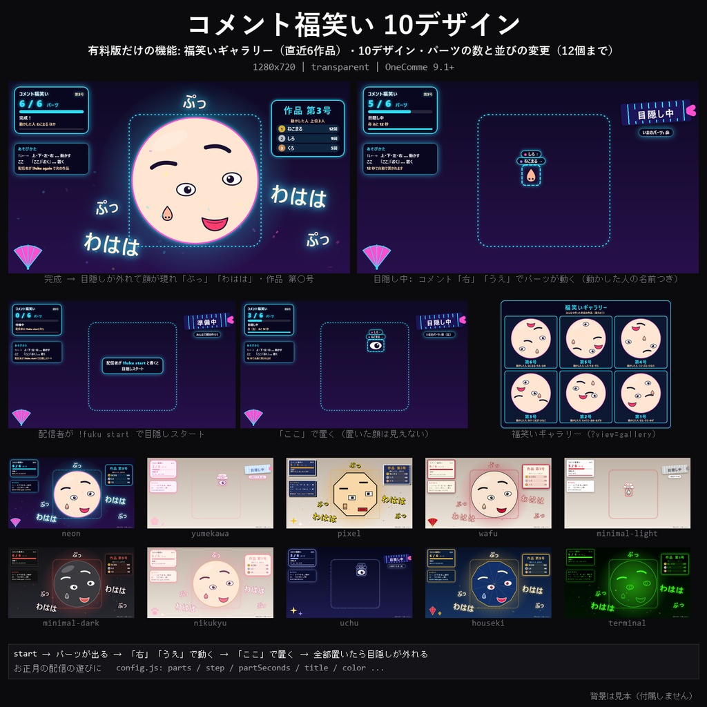 【お正月 わんコメテンプレート】コメント福笑い 10デザイン｜「右」「うえ」でパーツを動かして目隠しで置く・完成で大笑い・作品ギャラリー【OBS/新年の配信】