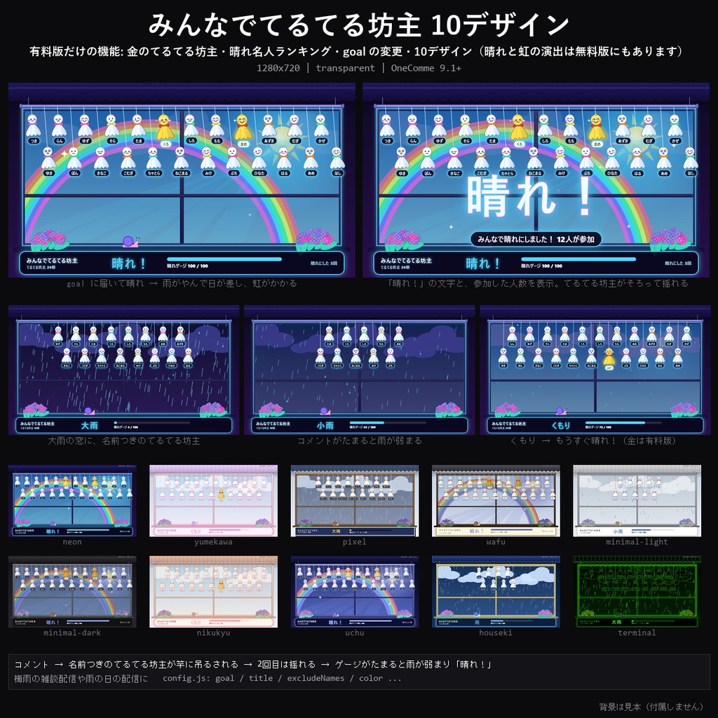 【梅雨 わんコメテンプレート】みんなでてるてる坊主 10デザイン｜コメントで名前つきのてるてる坊主が吊るされて雨がやむ・晴れたら虹・晴れ名人ランキング【OBS/6月の配信】