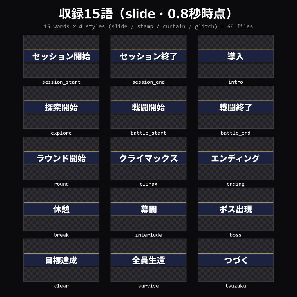【TRPG素材】ココフォリア用 カットインAPNG 60種|セッション開始・戦闘開始・クライマックス・エンディングほか15語×4スタイル【無料サンプル有】