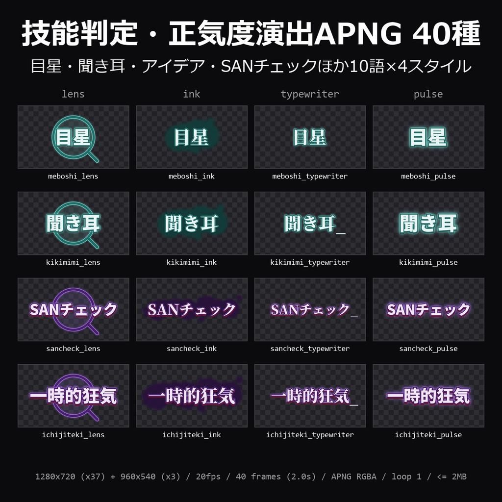 【TRPG素材】技能判定・正気度演出APNG 40種｜目星・聞き耳・アイデア・SANチェック・一時的狂気ほか10語×4スタイル【ココフォリア/CoC】