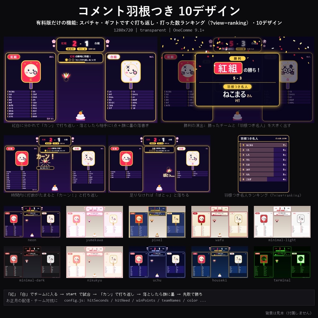 【お正月 わんコメテンプレート】コメント羽根つき 10デザイン｜紅白チームに分かれて「カン」で打ち返す・落としたら顔に墨・羽根つき名人ランキング【OBS/新年の配信】