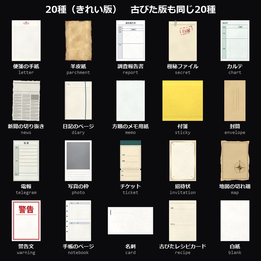 【TRPG素材】ハンドアウト・資料素材 40種|手紙・羊皮紙・調査報告書・極秘ファイル・カルテ・新聞ほか20種×きれい/古びた【ココフォリア/CoC/秘匿HO】