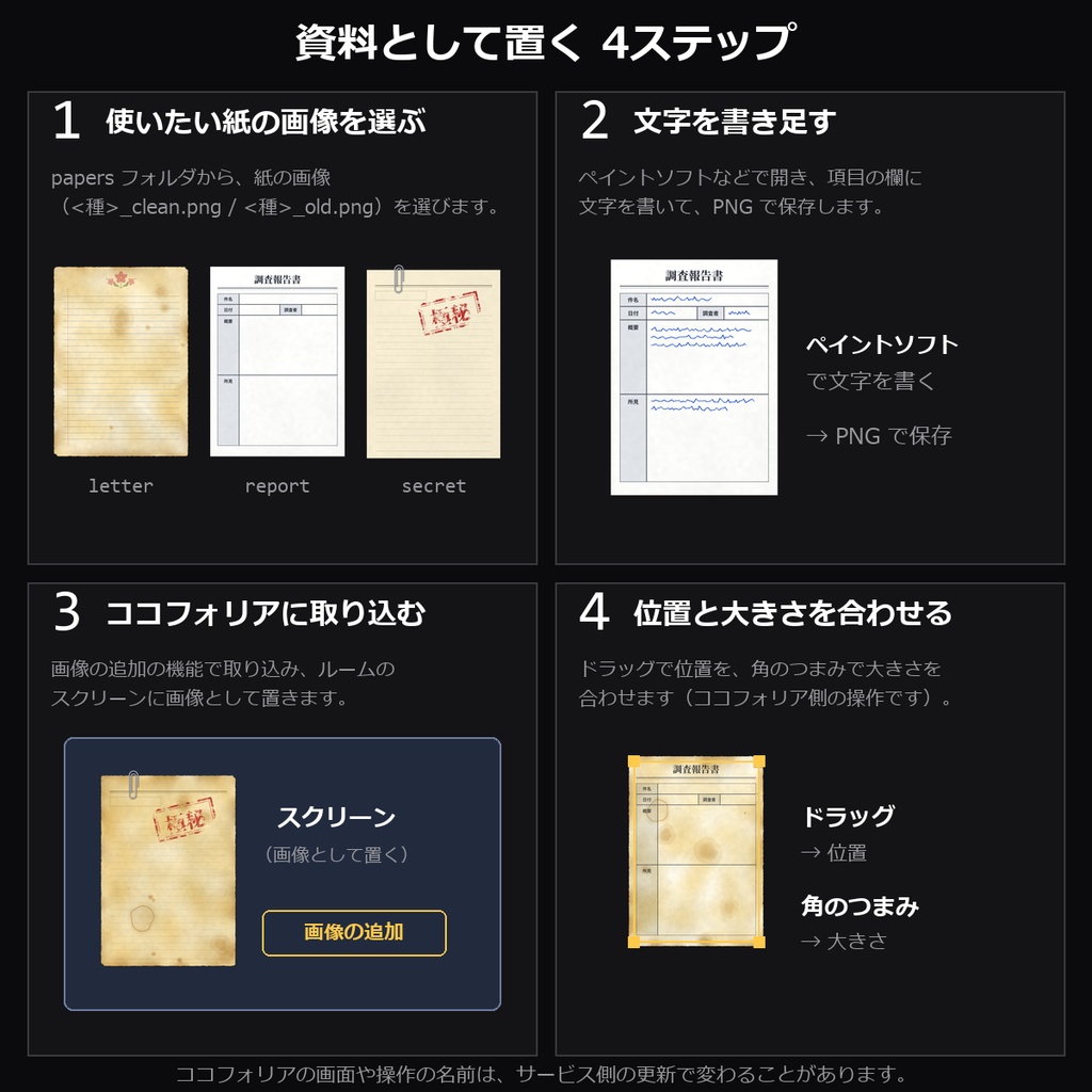 【TRPG素材】ハンドアウト・資料素材 40種|手紙・羊皮紙・調査報告書・極秘ファイル・カルテ・新聞ほか20種×きれい/古びた【ココフォリア/CoC/秘匿HO】