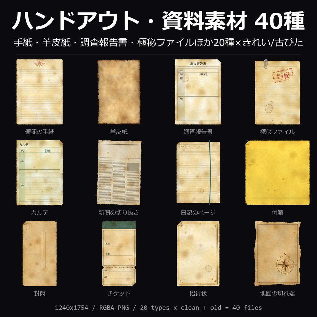 【TRPG素材】ハンドアウト・資料素材 40種｜手紙・羊皮紙・調査報告書・極秘ファイル・カルテ・新聞ほか20種×きれい/古びた【ココフォリア/CoC/秘匿HO】