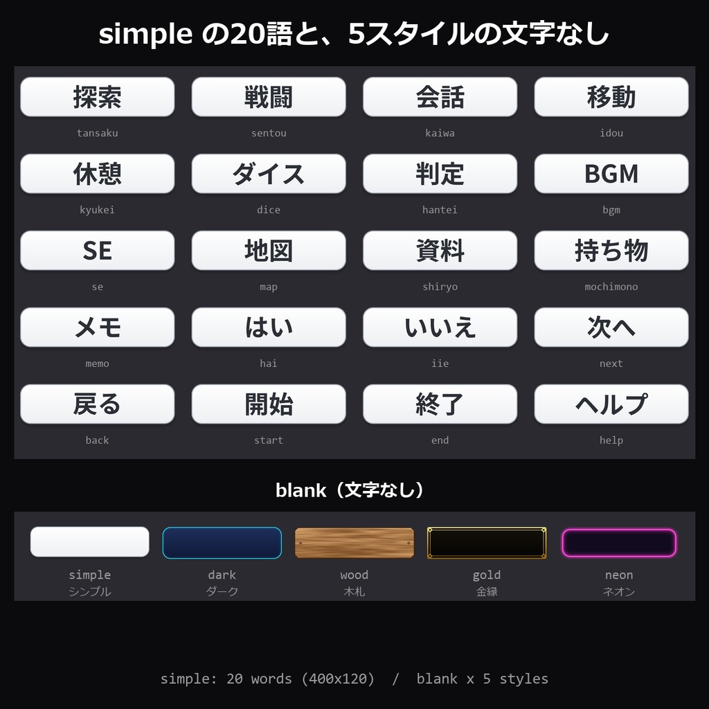 【TRPG素材】ココフォリア用 ボタン素材 105種|探索・戦闘・ダイス・BGMほか20語×5スタイル+文字なし【透過PNG/お部屋素材】