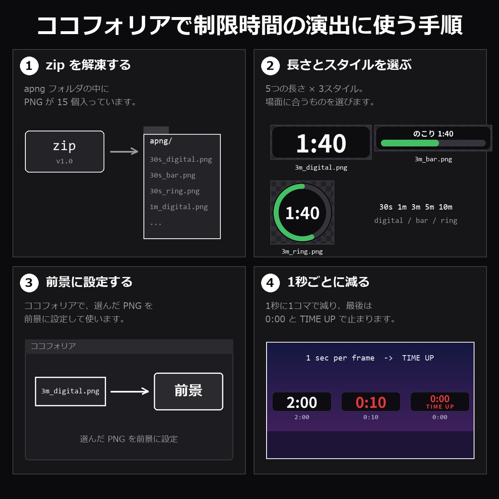 【TRPG素材】ココフォリア用 タイマーAPNG 15種|30秒・1分・3分・5分・10分×3スタイル・残り10秒で赤・TIME UP【制限時間/シナリオ演出】