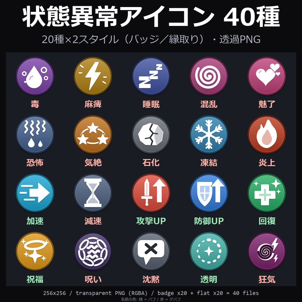 【無料】状態異常アイコン 4種（毒・麻痺・睡眠・回復）【TRPG素材/透過PNG】