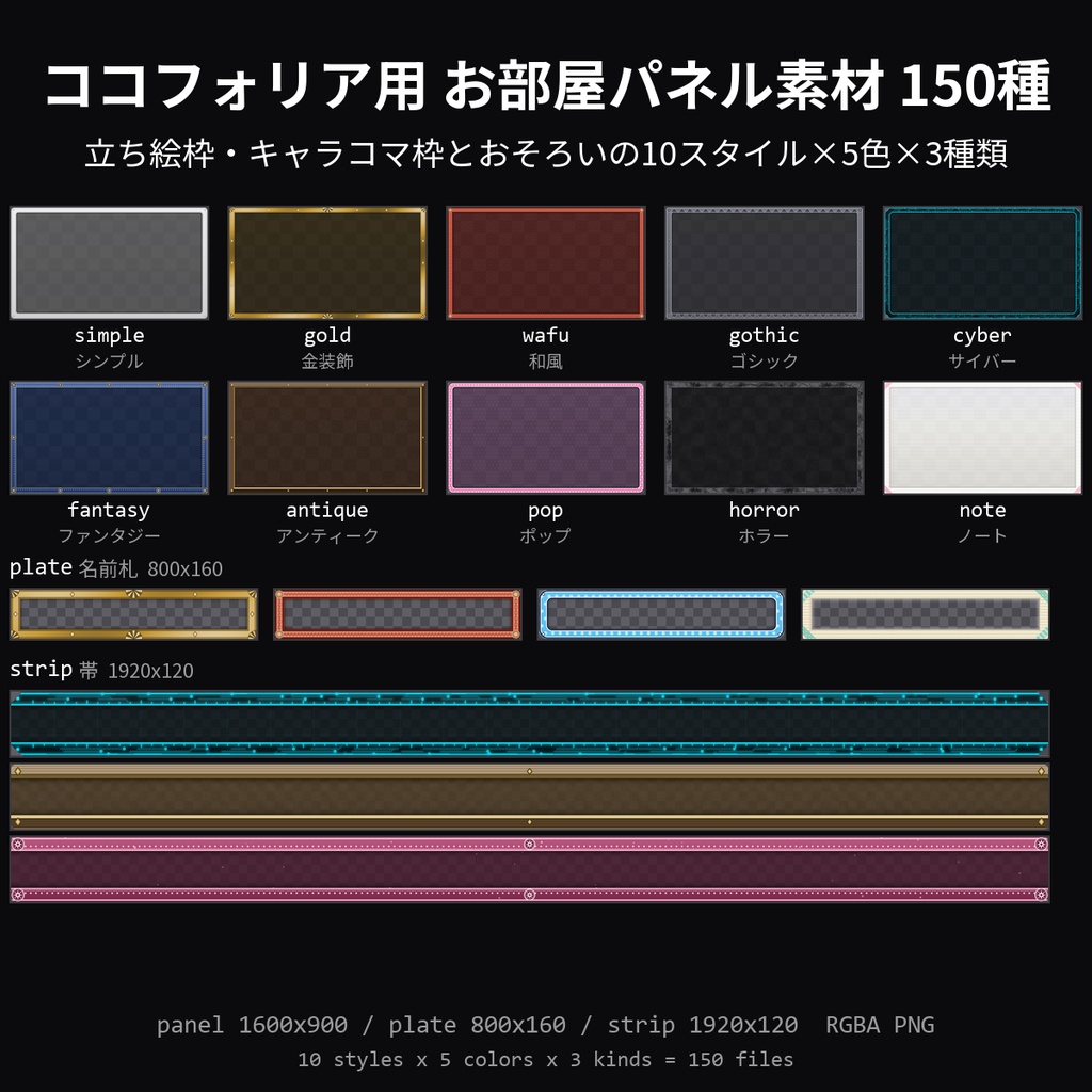 【無料】ココフォリア用 お部屋パネル素材 6種(シンプル・金装飾・サイバー)【TRPG素材/透過PNG】