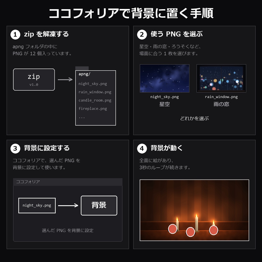 【TRPG素材】ココフォリア用 動く背景APNG 12種|星空・雨の窓・ろうそく・暖炉・雪の夜・水中・木漏れ日ほか・ループ・各1MB未満【無料サンプル有】