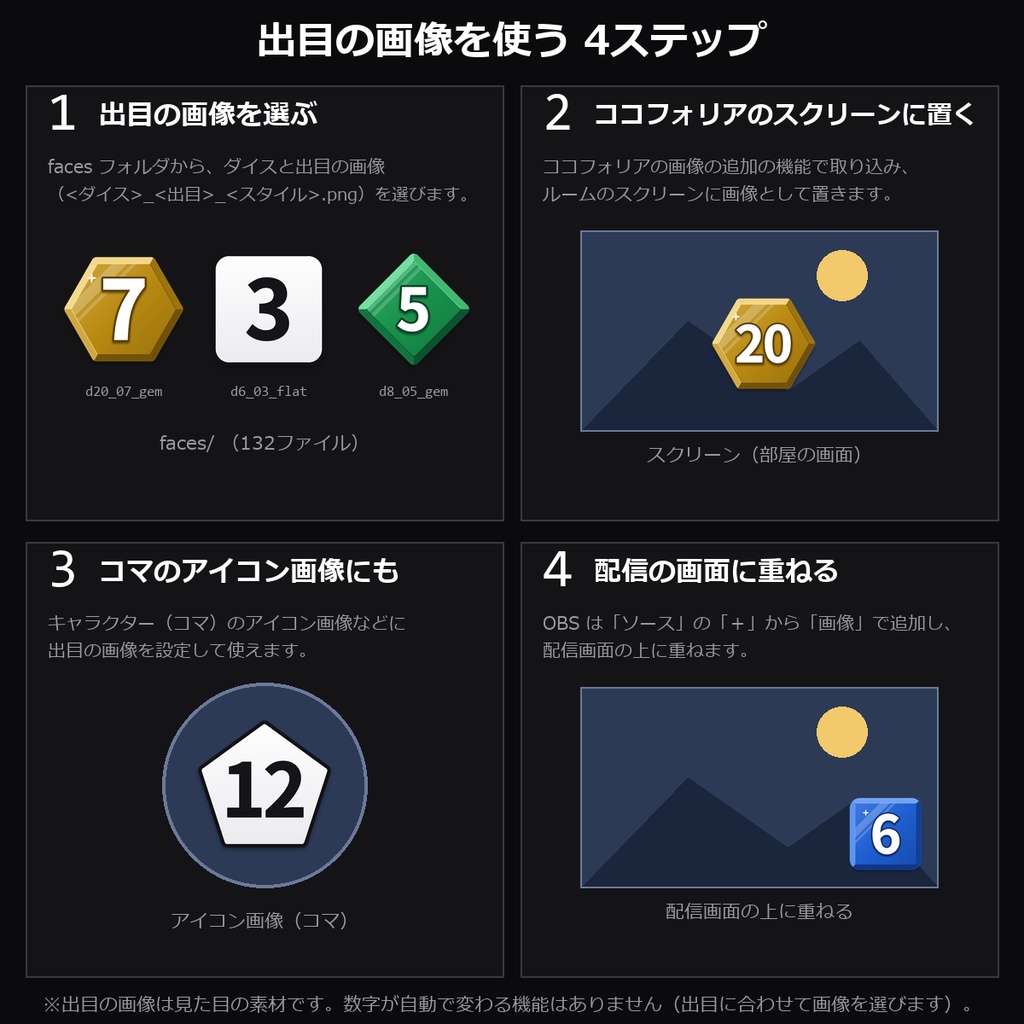 【TRPG素材】ダイス出目PNG 132種|d4・d6・d8・d10・d12・d20の全出目×平面/宝石風・「?」つき・透過PNG【ココフォリア/配信】