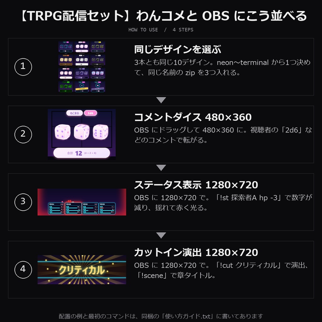 【わんコメテンプレート TRPG配信セット】コメントダイス・ステータス表示・カットイン演出の3種|各10デザイン【OBS/ココフォリア配信/CoC】