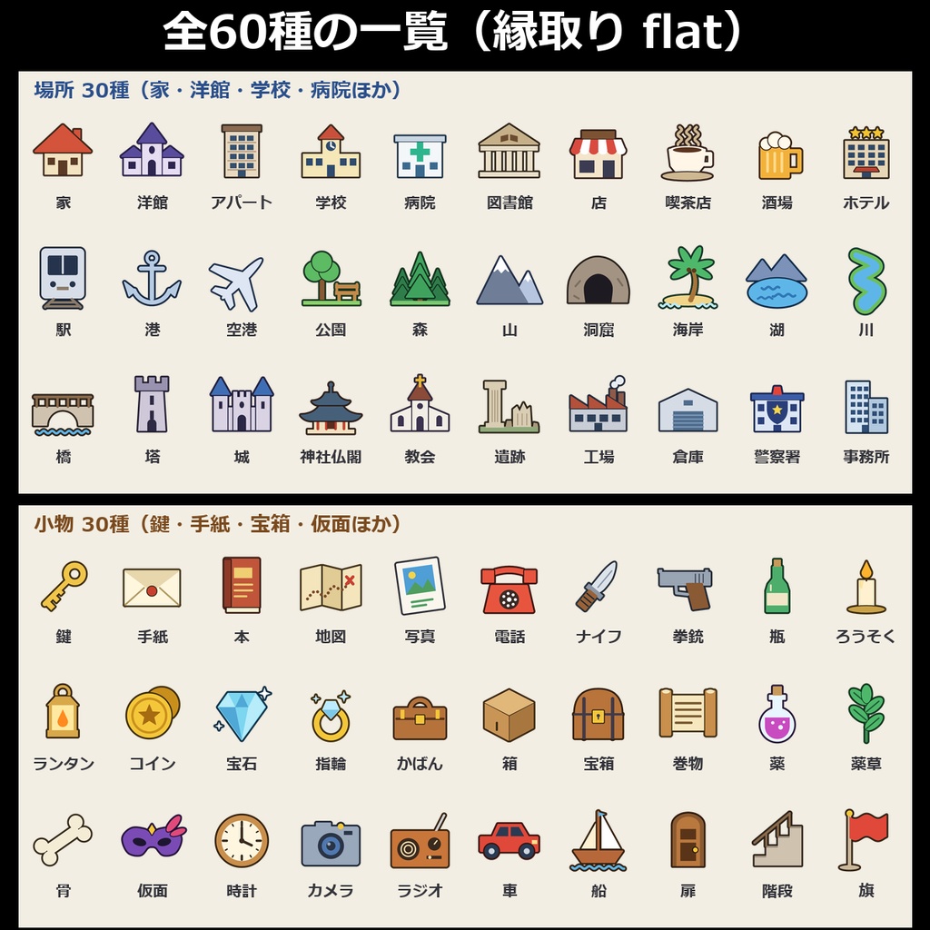 【TRPG素材】場所・小物アイコン 120種|家・洋館・学校・病院・森・洞窟・鍵・手紙・宝箱ほか60種×2スタイル・透過PNG【ココフォリア/地図】