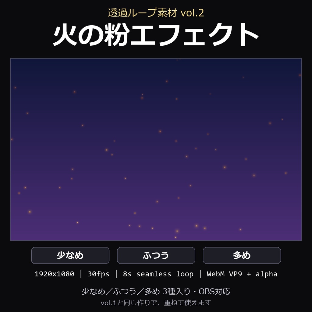 【透過ループ素材】火の粉エフェクト 3種（少なめ/ふつう/多め）｜WebM・OBS対応・8秒ループ【配信/動画】
