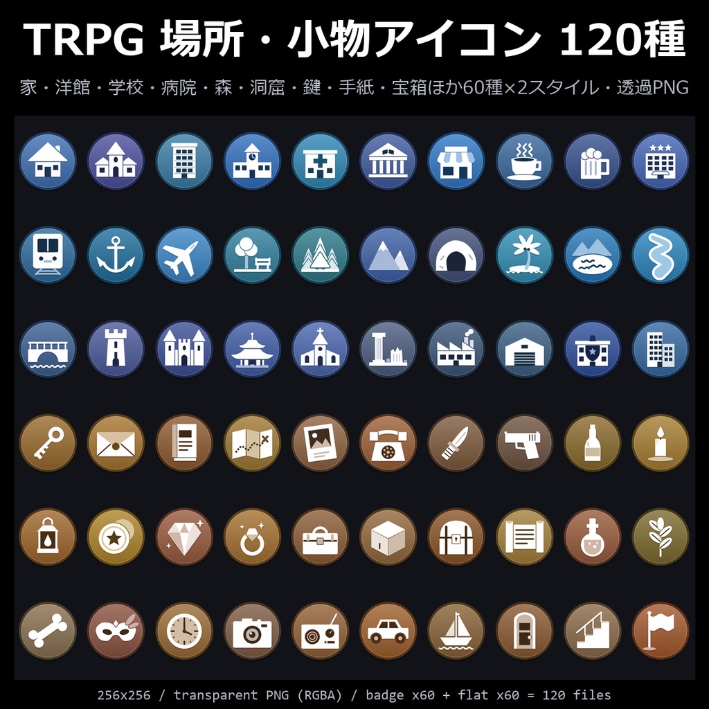 【無料】場所・小物アイコン 4種（家・鍵・森・宝箱）【TRPG素材/透過PNG】