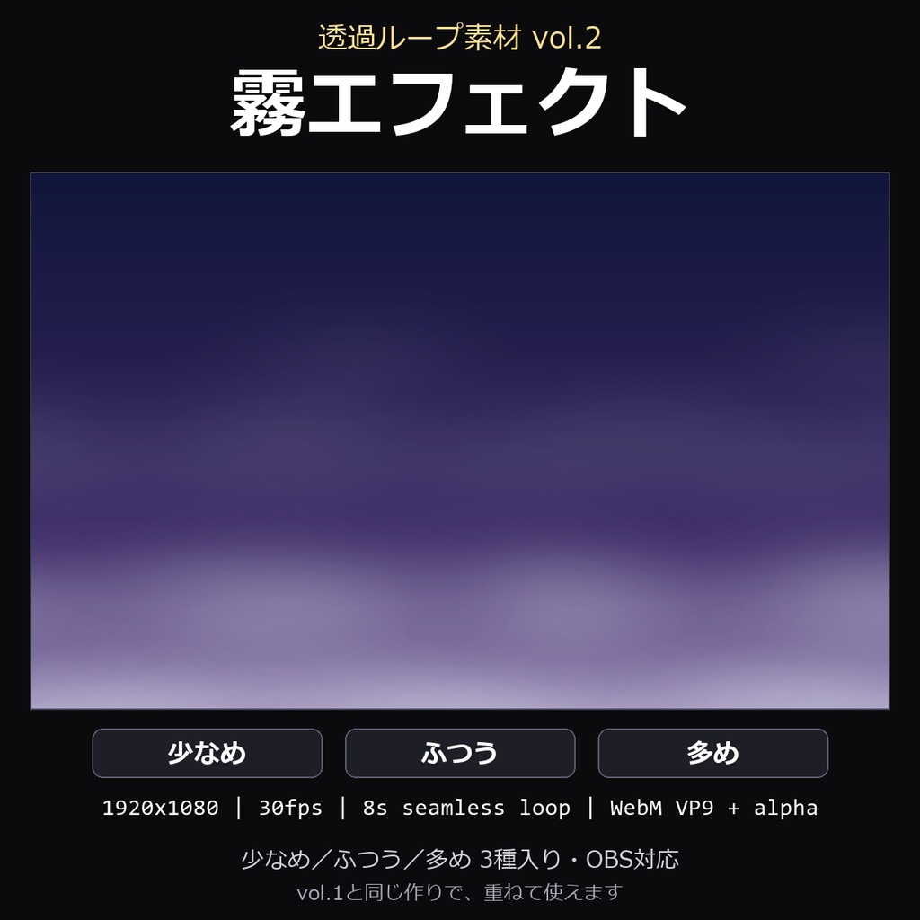 【透過ループ素材】霧エフェクト 3種（少なめ/ふつう/多め）｜WebM・OBS対応・8秒ループ【配信/動画】