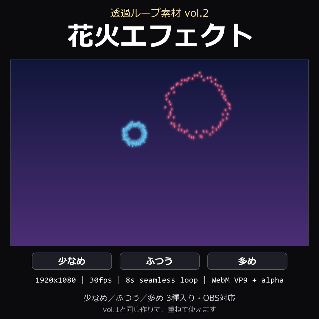 【透過ループ素材】花火エフェクト 3種（少なめ/ふつう/多め）｜WebM・OBS対応・8秒ループ【配信/動画】