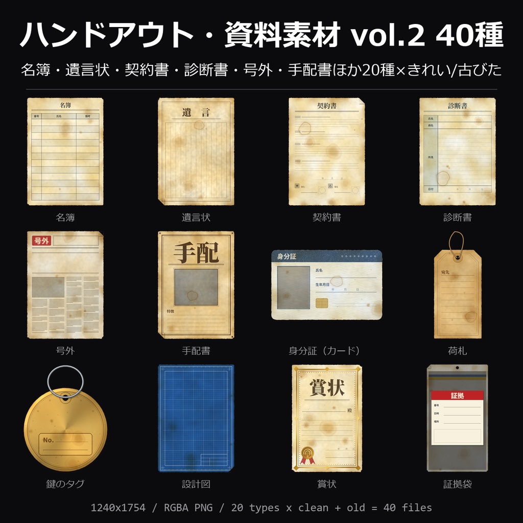 【TRPG素材】ハンドアウト・資料素材 vol.2 40種｜名簿・遺言状・契約書・診断書・号外・手配書・身分証ほか20種×きれい/古びた【ココフォリア/CoC/秘匿HO】