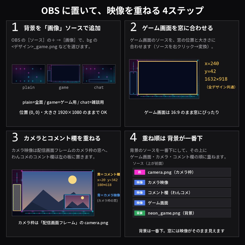 【配信素材】配信背景 10デザイン 30枚|全面・ゲーム配信用・雑談用×ネオン/ゆめかわ/ドット/和風/宇宙ほか・1920×1080【OBS/わんコメテンプレートとおそろい】