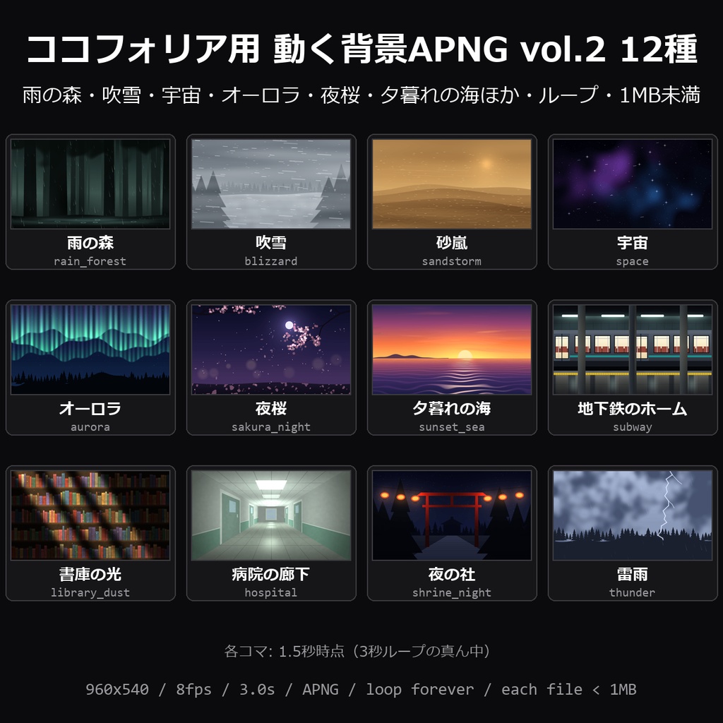 【TRPG素材】ココフォリア用 動く背景APNG vol.2 12種｜雨の森・吹雪・宇宙・オーロラ・夜桜・夕暮れの海・雷雨ほか・ループ・各1MB未満【無料サンプル有】