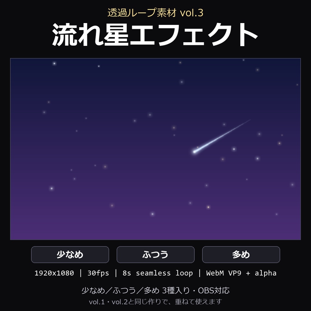 【透過ループ素材】流れ星エフェクト 3種（少なめ/ふつう/多め）｜WebM・OBS対応・8秒ループ【配信/動画】