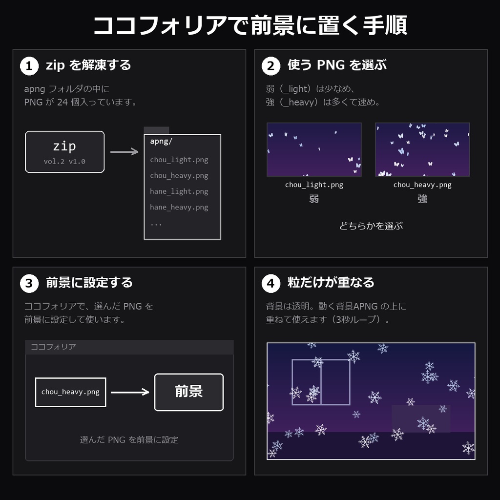 【TRPG素材】ココフォリア用 前景APNG vol.2 24種|雪の結晶・蝶・羽根・流れ星・煙・稲妻・光の輪・金の紙吹雪ほか12種×弱/強・透過ループ・各1MB未満