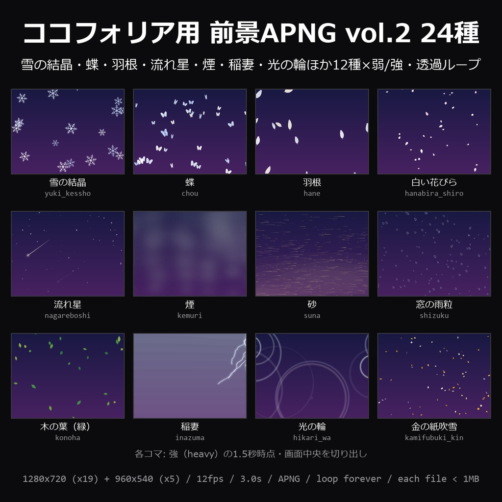 【TRPG素材】ココフォリア用 前景APNG vol.2 24種｜雪の結晶・蝶・羽根・流れ星・煙・稲妻・光の輪・金の紙吹雪ほか12種×弱/強・透過ループ・各1MB未満