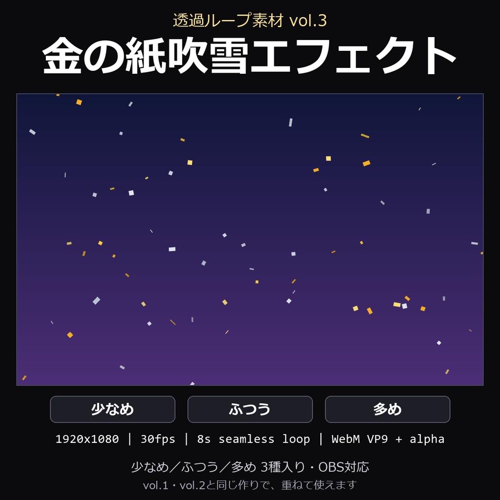 【透過ループ素材】金の紙吹雪エフェクト 3種(少なめ/ふつう/多め)|WebM・OBS対応・8秒ループ【配信/動画】