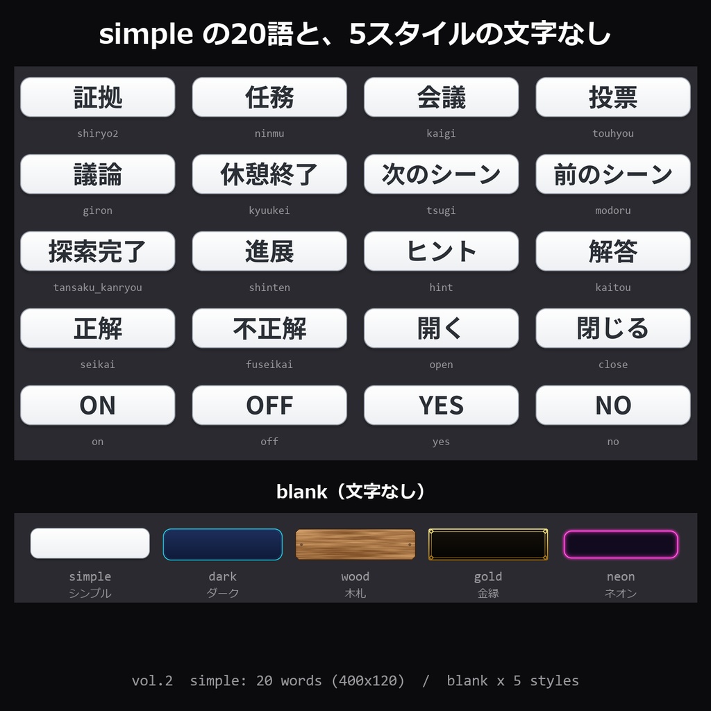 【TRPG素材】ココフォリア用 ボタン素材 vol.2 105種|証拠・任務・会議・投票・議論・ヒント・正解・YES/NOほか20語×5スタイル+文字なし【透過PNG/マダミス】