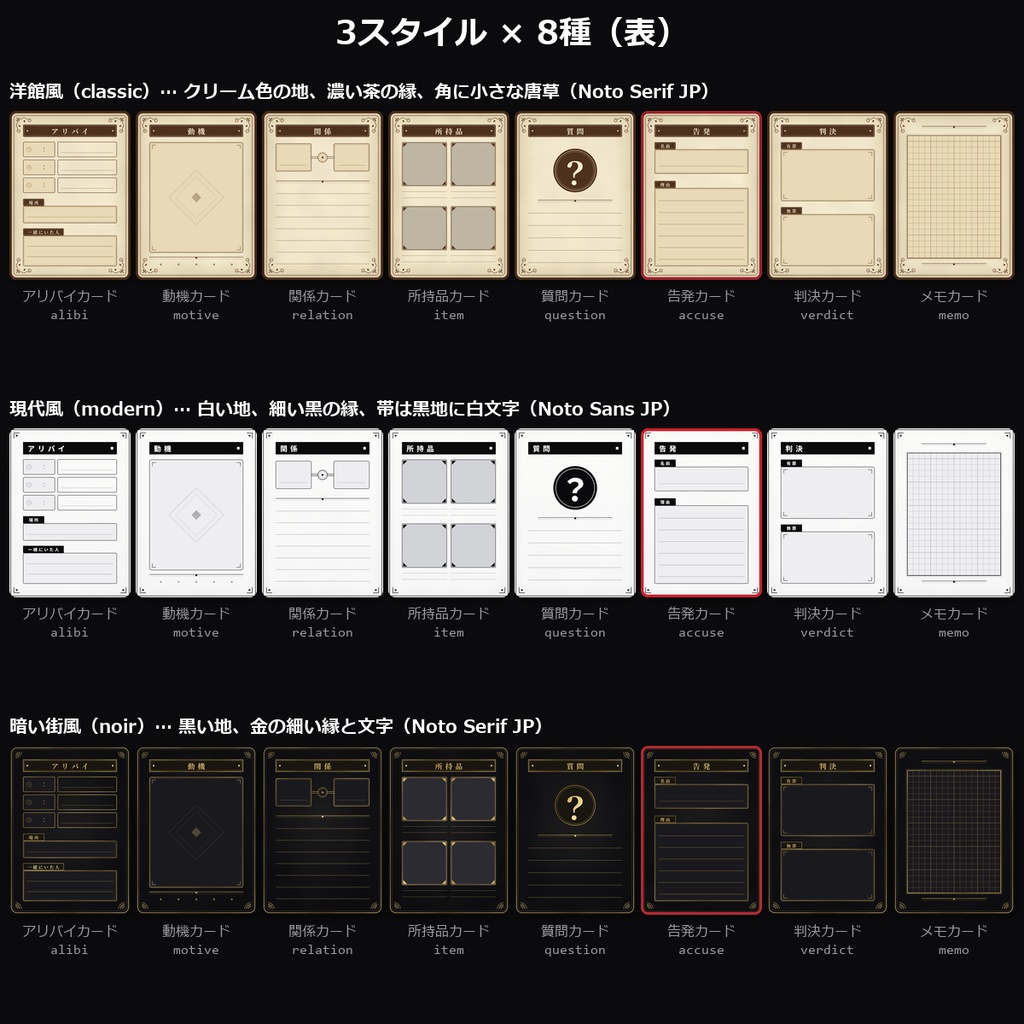 【マダミス素材】マーダーミステリー用 カード素材 vol.2 48種|アリバイ・動機・関係・所持品・質問・告発・判決・メモ×3スタイル・表/裏・透過PNG