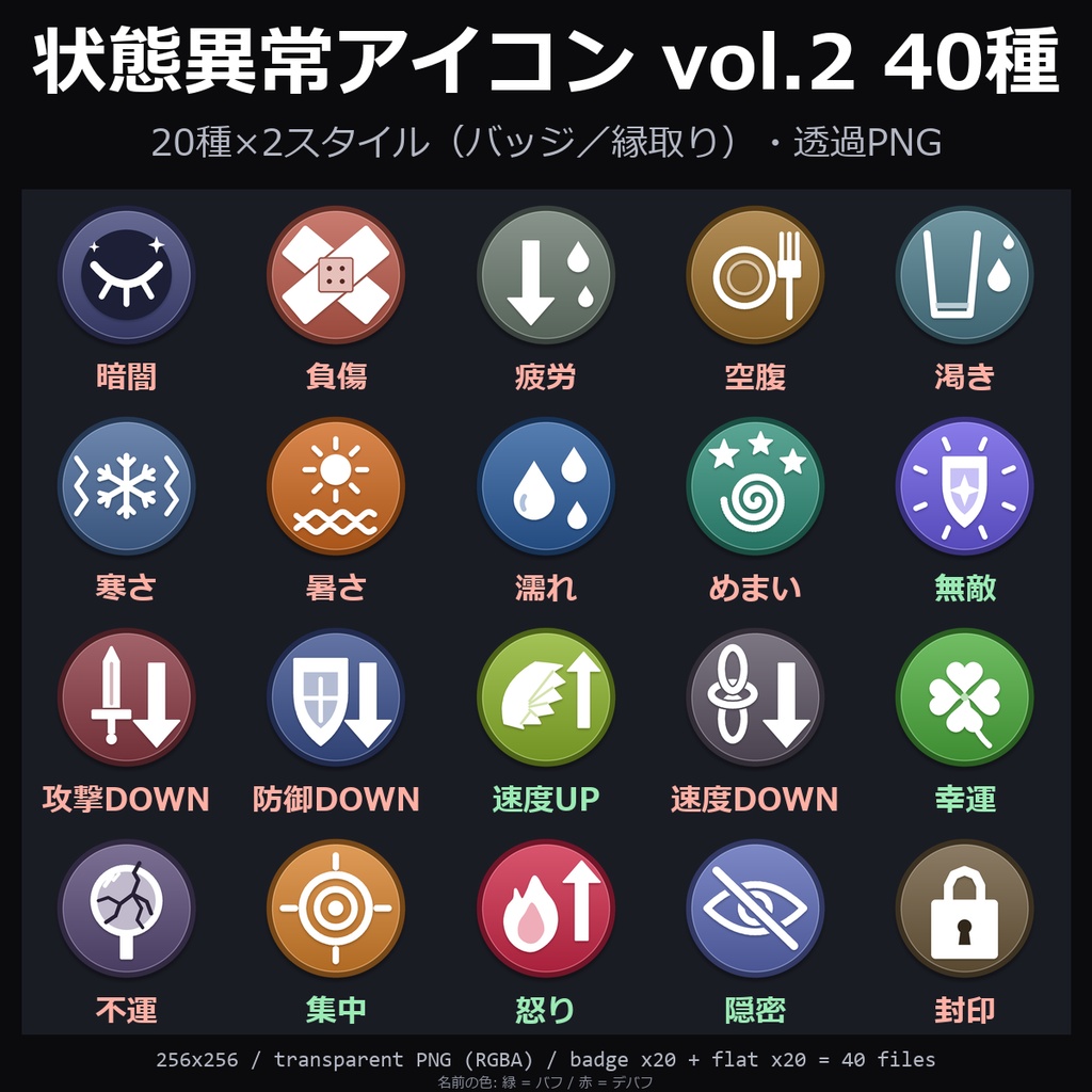 【TRPG素材】状態異常アイコン vol.2 40種｜暗闇・負傷・疲労・空腹・無敵・攻撃DOWN・速度UP・幸運・封印ほか20種×2スタイル・透過PNG【ココフォリア/TRPG】