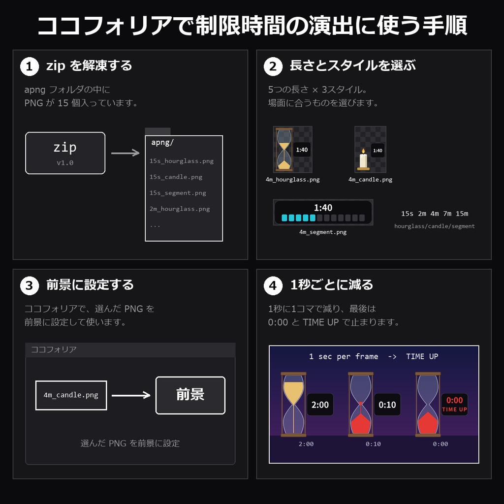 【TRPG素材】ココフォリア用 タイマーAPNG vol.2 15種|15秒・2分・4分・7分・15分×砂時計/ろうそく/目盛り・残り10秒で赤・TIME UP・各1MB未満【制限時間】