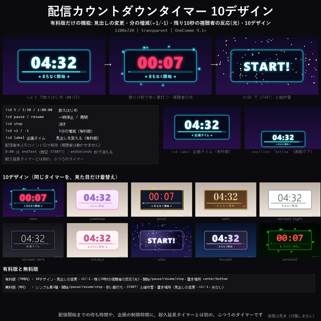 【わんコメテンプレート】配信カウントダウンタイマー 10デザイン｜開始までの待ち時間・企画の制限時間をコマンドで・残り10秒で赤く・終了でSTART!【OBS/待機画面】