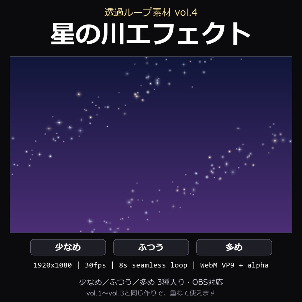 【透過ループ素材】星の川エフェクト 3種（少なめ/ふつう/多め）｜WebM・OBS対応・8秒ループ【配信/動画】