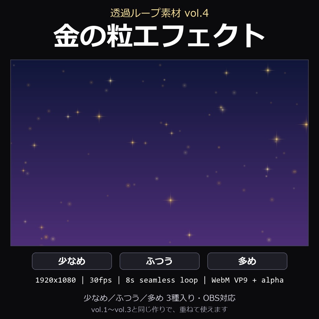 【透過ループ素材】金の粒エフェクト 3種（少なめ/ふつう/多め）｜WebM・OBS対応・8秒ループ【配信/動画】