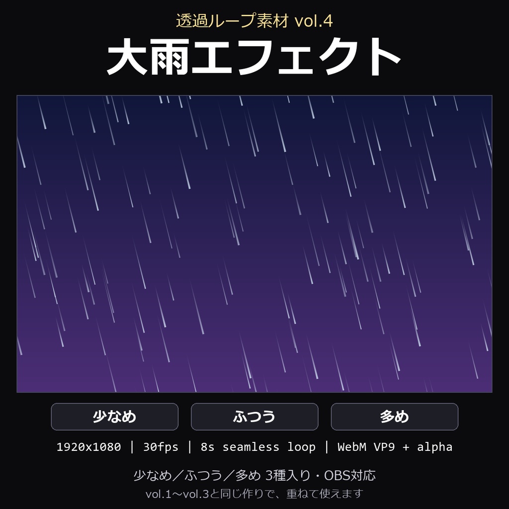【透過ループ素材】大雨エフェクト 3種（少なめ/ふつう/多め）｜WebM・OBS対応・8秒ループ【配信/動画】