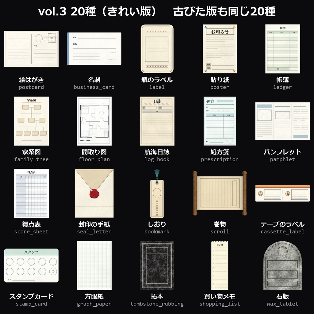 【TRPG素材】ハンドアウト・資料素材 vol.3 40種|絵はがき・名刺・貼り紙・帳簿・家系図・間取り図・航海日誌・処方箋ほか20種×きれい/古びた【ココフォリア/CoC/秘匿HO】