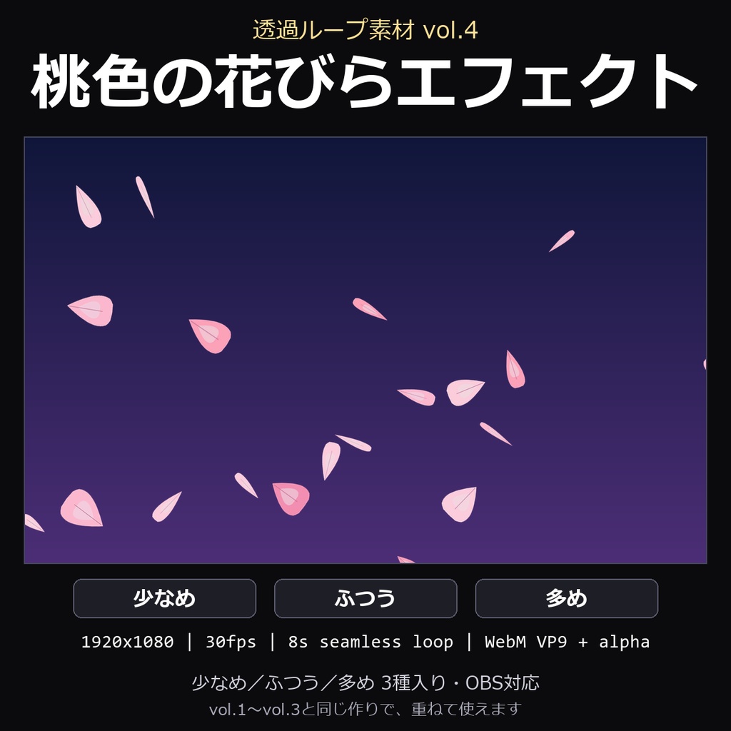 【透過ループ素材】桃色の花びらエフェクト 3種(少なめ/ふつう/多め)|WebM・OBS対応・8秒ループ【配信/動画】