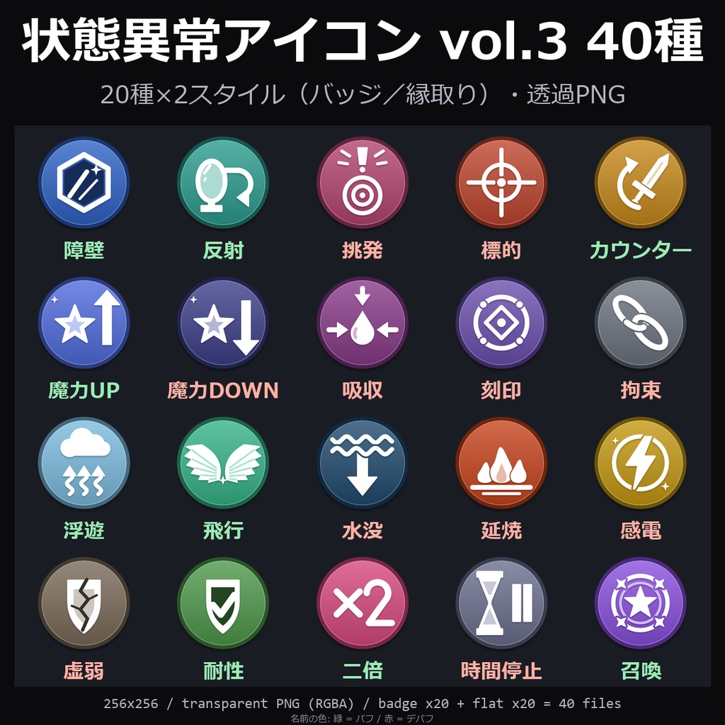 【無料】状態異常アイコン vol.3 4種(障壁・拘束・飛行・耐性)【TRPG素材/透過PNG】