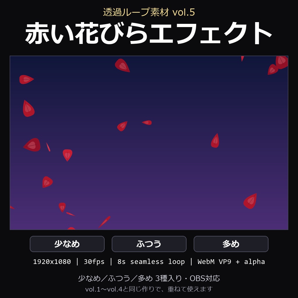 【透過ループ素材】赤い花びらエフェクト 3種(少なめ/ふつう/多め)|WebM・OBS対応・8秒ループ【配信/動画】
