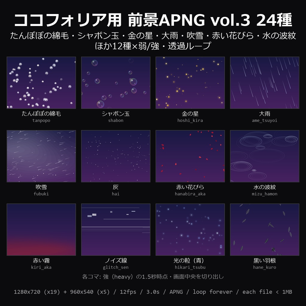 【TRPG素材】ココフォリア用 前景APNG vol.3 24種|たんぽぽの綿毛・シャボン玉・金の星・大雨・吹雪・赤い花びら・水の波紋・黒い羽根ほか12種×弱/強・透過ループ・各1MB未満