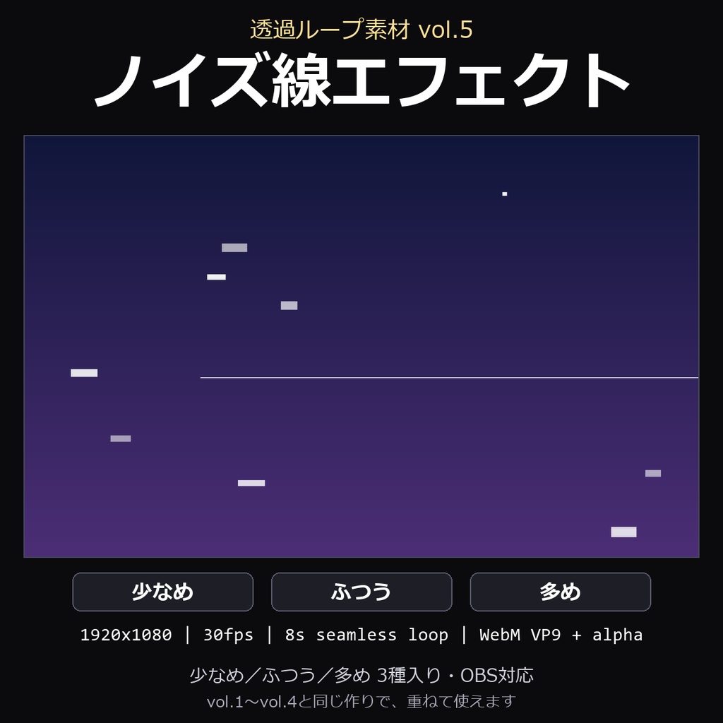 【透過ループ素材】ノイズ線エフェクト 3種(少なめ/ふつう/多め)|WebM・OBS対応・8秒ループ【配信/動画】