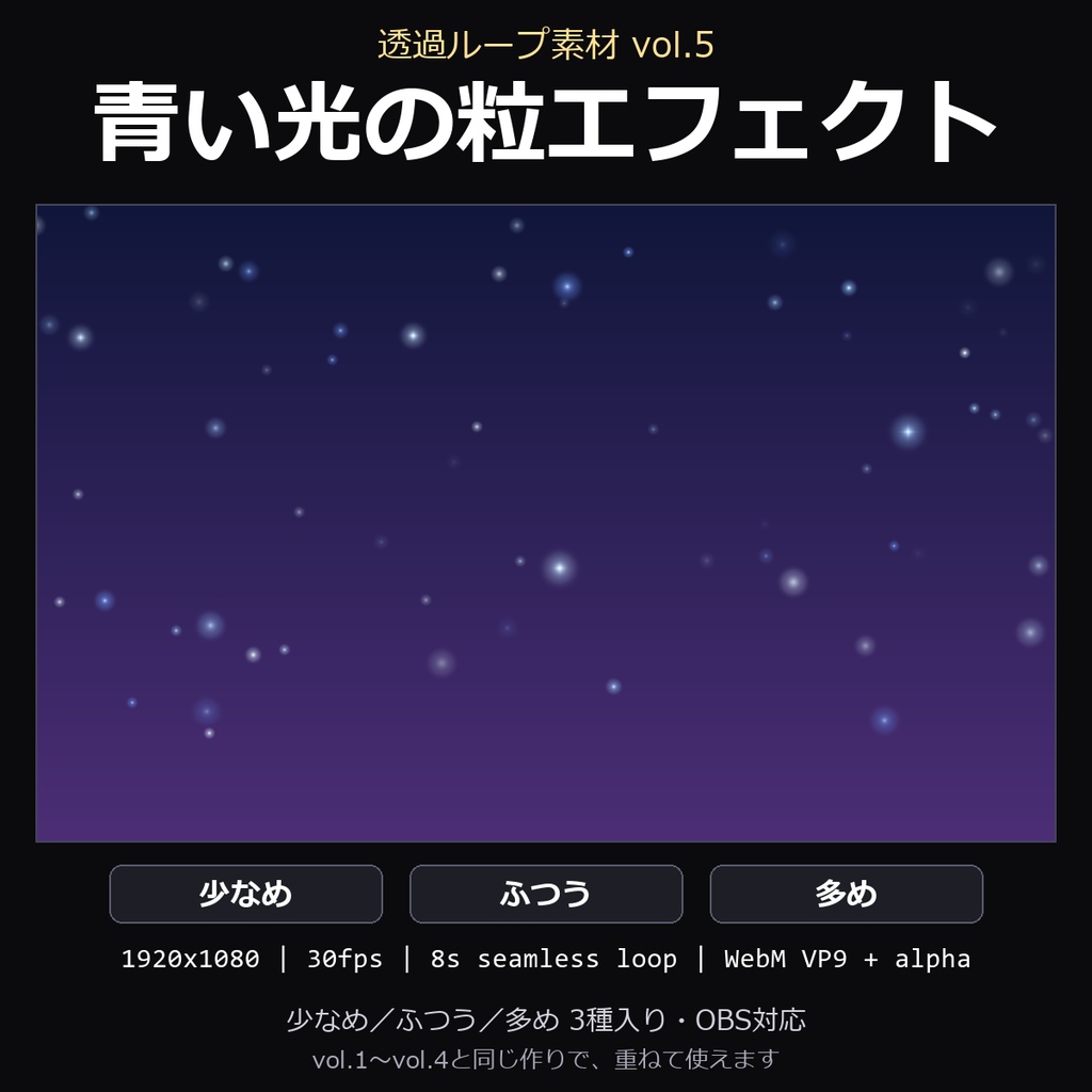 【透過ループ素材】青い光の粒エフェクト 3種（少なめ/ふつう/多め）｜WebM・OBS対応・8秒ループ【配信/動画】