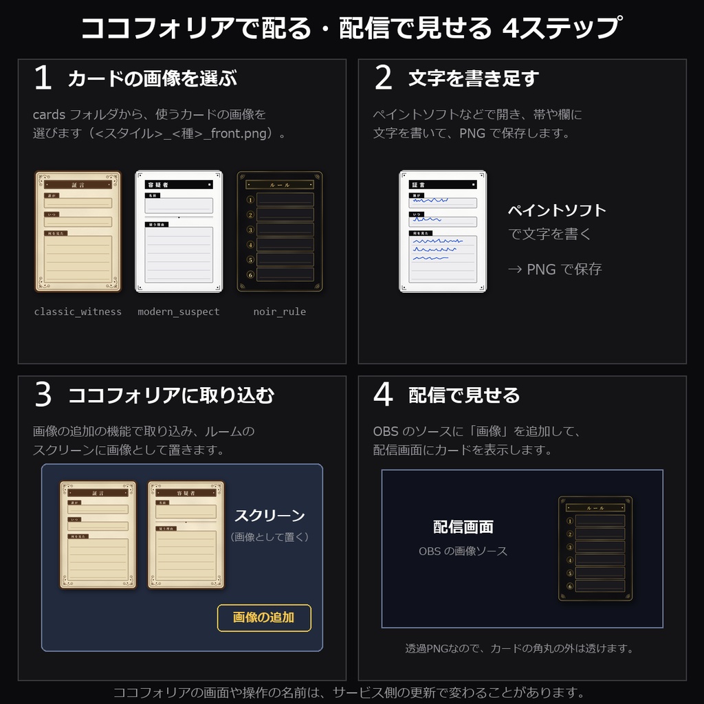 【TRPG素材】マーダーミステリー用 カード素材 vol.3 48種|証言・行動表・現場・凶器・容疑者・人物・ルール・エンディング×3スタイル・透過PNG【マダミス/ココフォリア】