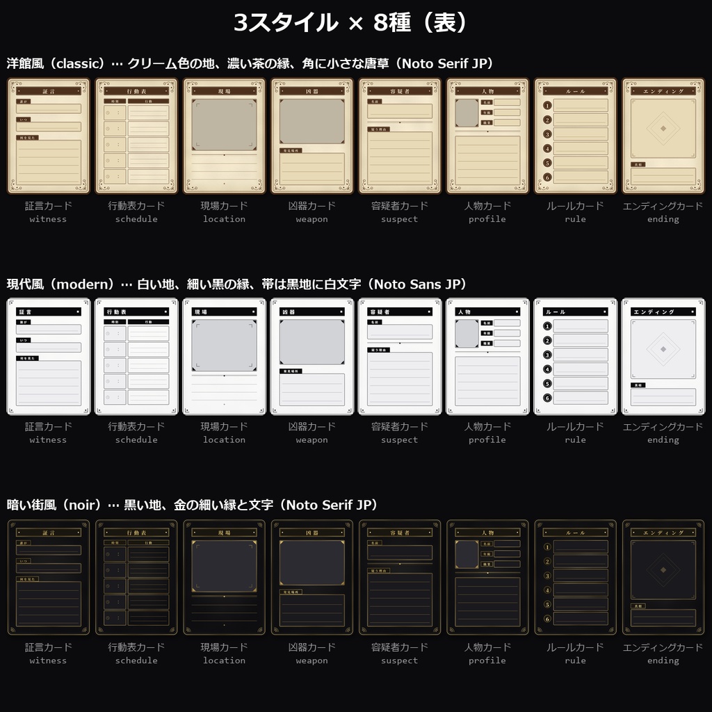 【TRPG素材】マーダーミステリー用 カード素材 vol.3 48種|証言・行動表・現場・凶器・容疑者・人物・ルール・エンディング×3スタイル・透過PNG【マダミス/ココフォリア】
