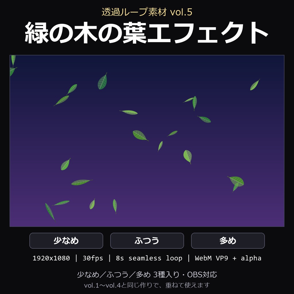 【透過ループ素材】緑の木の葉エフェクト 3種(少なめ/ふつう/多め)|WebM・OBS対応・8秒ループ【配信/動画】
